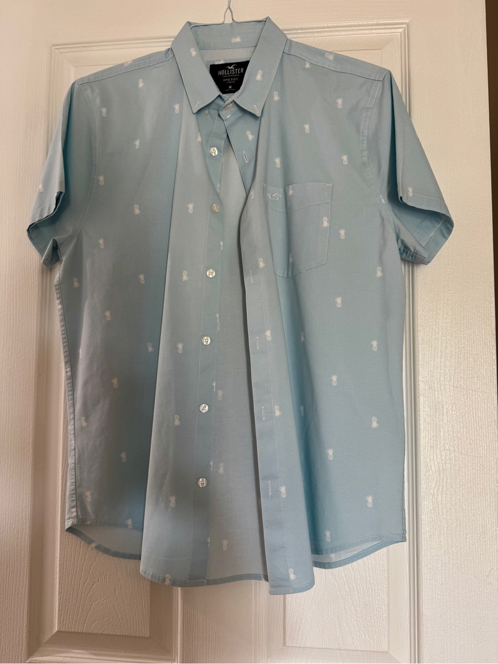 Hollister Light Blue Short Sleeve Button-Down with White Pineapple Print